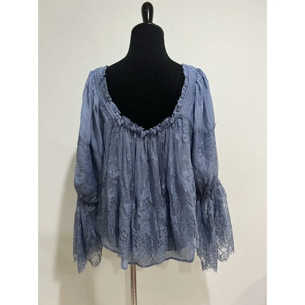 Free People Fairy Girl Lace Blouse Wild Wind Blue Size Medium